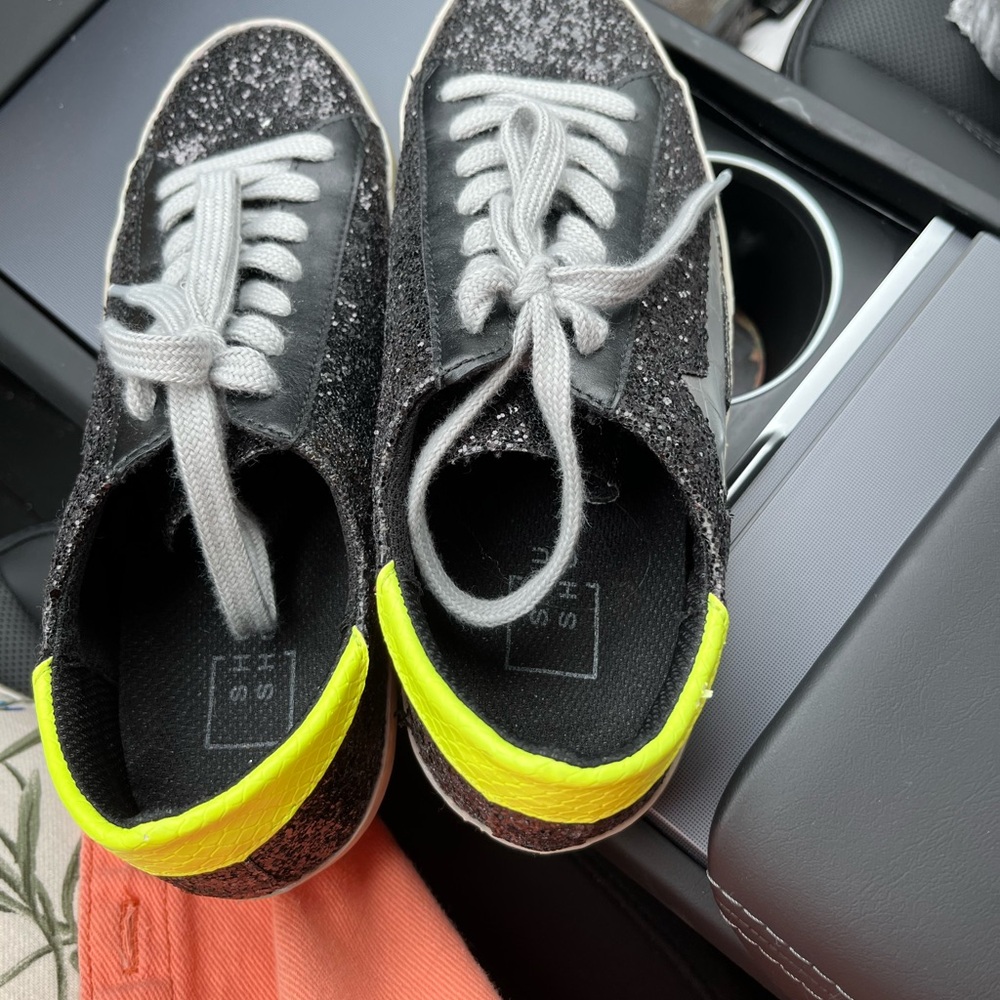Black and Silver Glitter Sneakers with Neon Yellow Accent